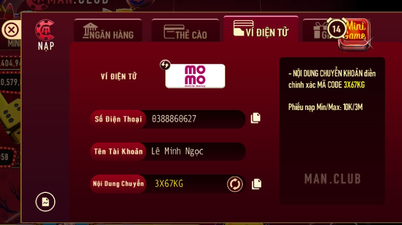 Nạp momo tại Manclub