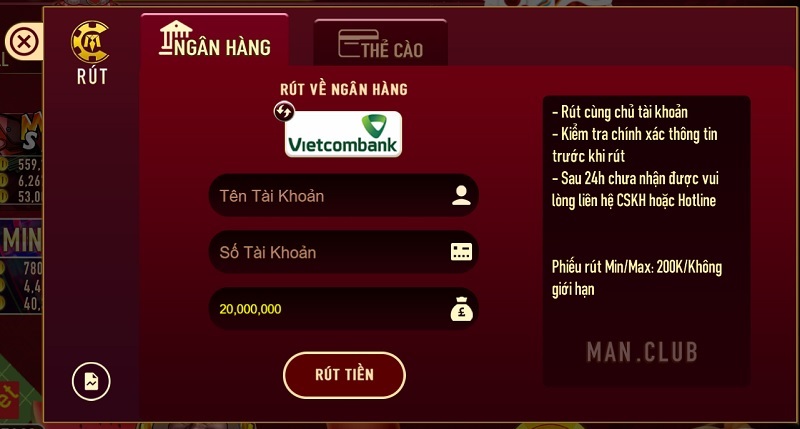 thao tác rút tiền Manclub