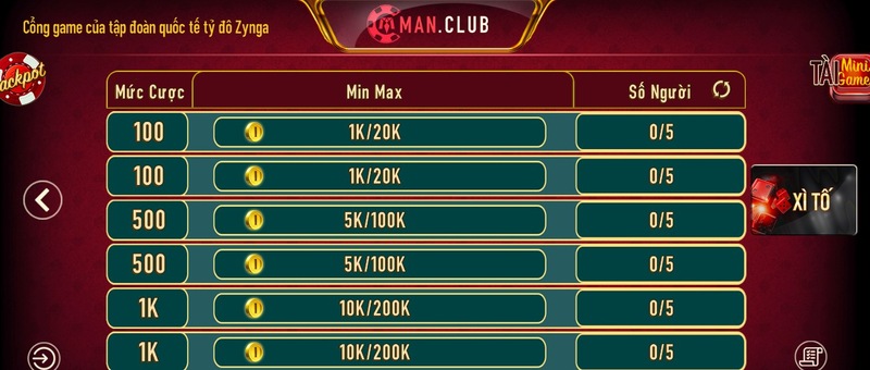 Các mức cược tại xì tố Man Club