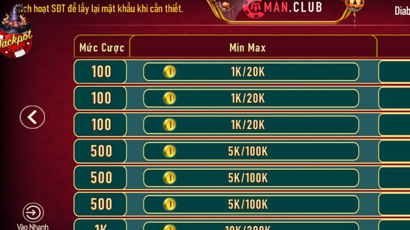 Quy định số người chơi tài bàn cược liêng Man Club